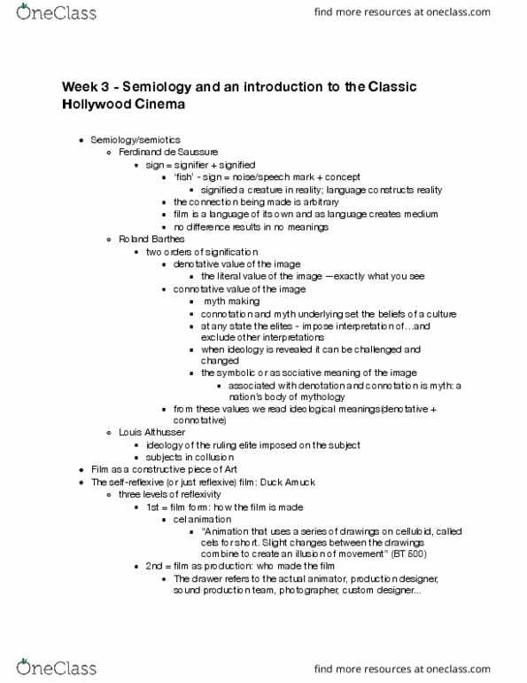 Film Studies 1022 Lecture Notes - Lecture 3: Classical Hollywood Cinema, Duck Amuck, Roland Barthes thumbnail