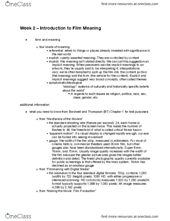 Film Studies 1022 Lecture Notes - Lecture 2: Super 8 Film, Interlaced Video, 720P thumbnail