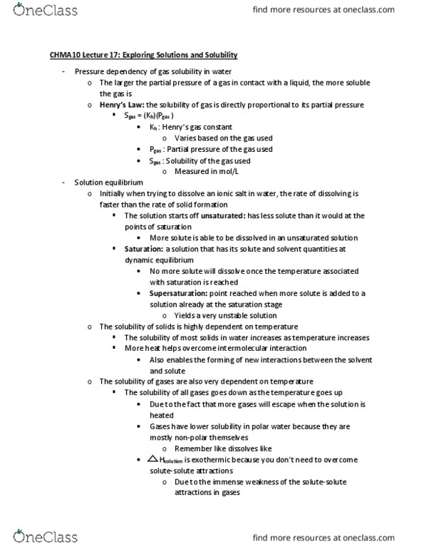 CHMA10H3 Lecture Notes - Lecture 20: Partial Pressure, Supersaturation, Gas Constant cover image