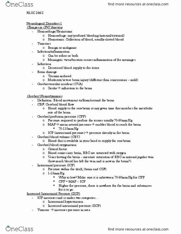 HLSC 2462U Lecture Notes - Lecture 10: Intracranial Pressure, Cerebral Perfusion Pressure, Internal Jugular Vein thumbnail