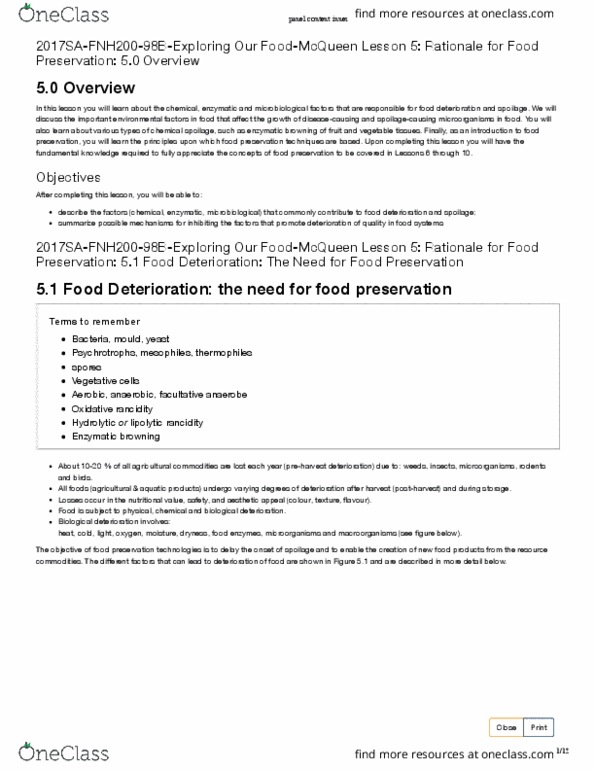 FNH 200 Lecture Notes - Lecture 5: Food Browning, Facultative Anaerobic Organism, Food Preservation thumbnail