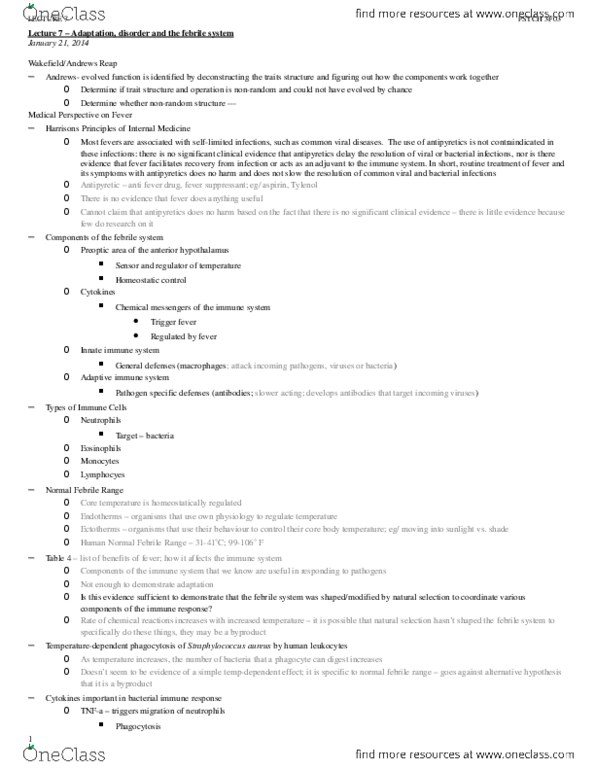 PSYCH 3F03 Lecture Notes - Lecture 7: Rhinovirus, Malaria, Interleukin 1 Beta thumbnail
