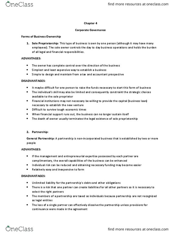 ADMS 1000 Lecture Notes - Lecture 5: Sole Proprietorship, General Partnership, Complete Control thumbnail