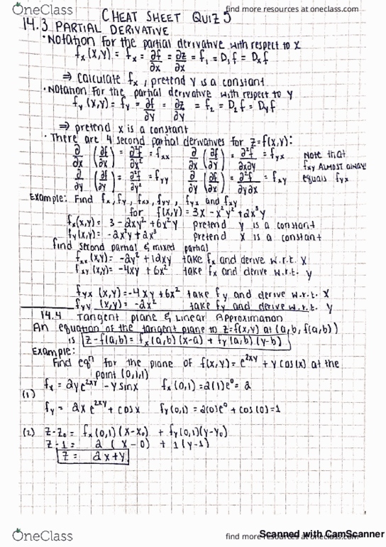 3450:223 Lecture 14: Calculus 3 notes-topic,Partial derivatives and tangent plane, summary notes with examples and techniques thumbnail