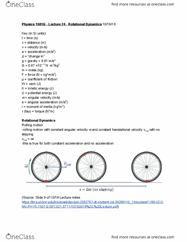 PHYS 1501Q Lecture Notes - Lecture 24: Angular Velocity, Angular Acceleration, International System Of Units thumbnail