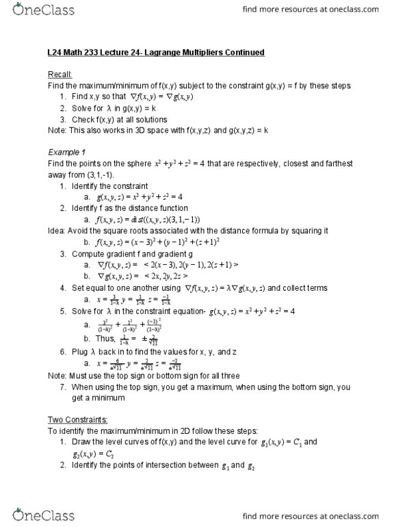 L24 Math 233 Lecture Notes - Lecture 24: Lagrange Multiplier, Level Set, Nissan L Engine cover image