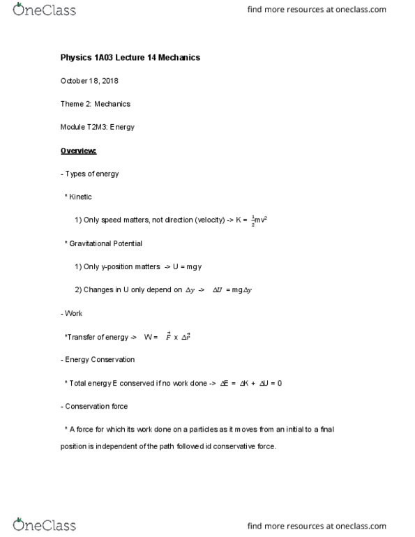 PHYSICS 1A03 Lecture Notes - Lecture 14: Gravitational Energy, Conservative Force, Elastic Energy cover image