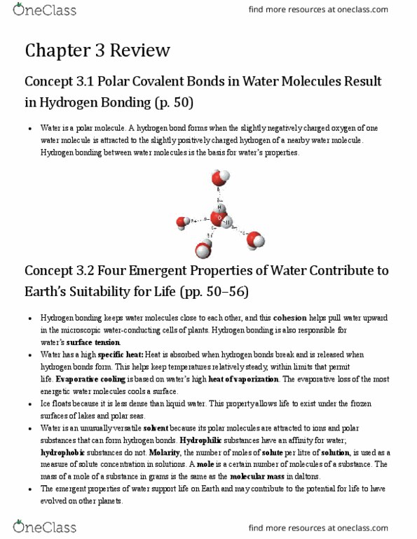 BIO152H5 Chapter Notes - Chapter 3: Evaporative Cooler, Hydrogen Bond, Chemical Polarity thumbnail