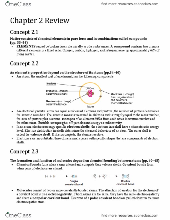 BIO152H5 Chapter Notes - Chapter 2: Chemical Polarity, Covalent Bond, Atomic Number thumbnail