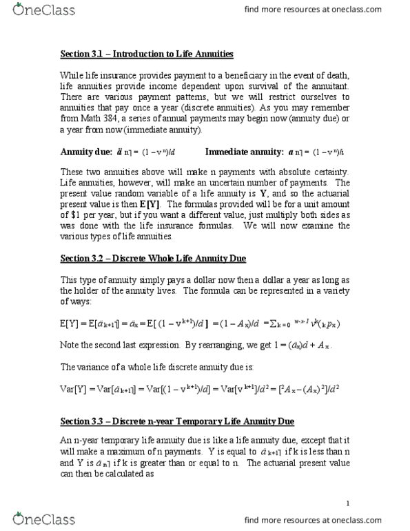 CISC 121 Lecture Notes - Lecture 10: Life Annuity, Life Insurance, Random Variable thumbnail