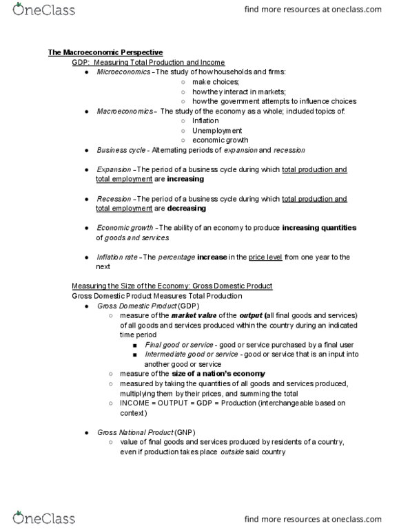 ECON 13 Lecture Notes - Lecture 4: Gross Domestic Product, Business Cycle, Intermediate Good cover image