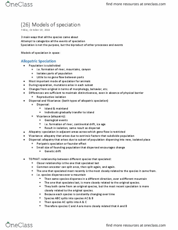 BIOLOGY 1114 Lecture Notes - Lecture 26: Allopatric Speciation, Continental Drift, Speciation cover image
