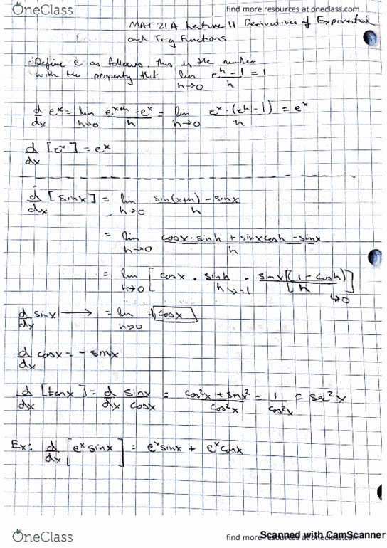MAT 21A Lecture 11: MAT21A-Lecture 11- Derivatives of Exponents and Trig Functions cover image
