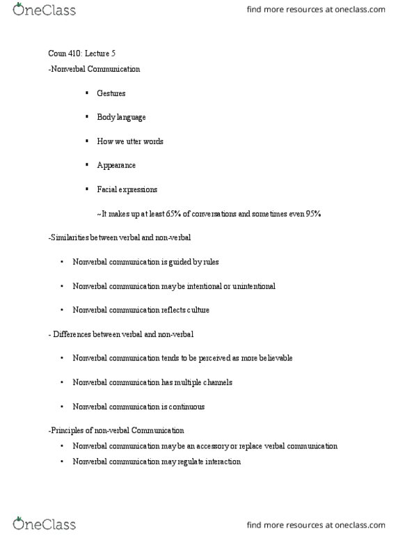 COUN 410 Lecture Notes - Lecture 5: Nonverbal Communication, Body Language, Kinesics thumbnail