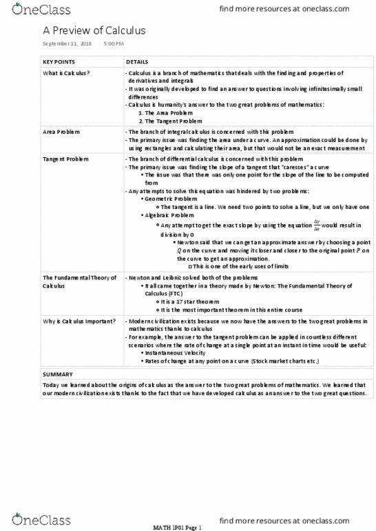 MATH 1P01 Lecture Notes - Lecture 1: Differential Calculus, The Tangent, Stock Market thumbnail