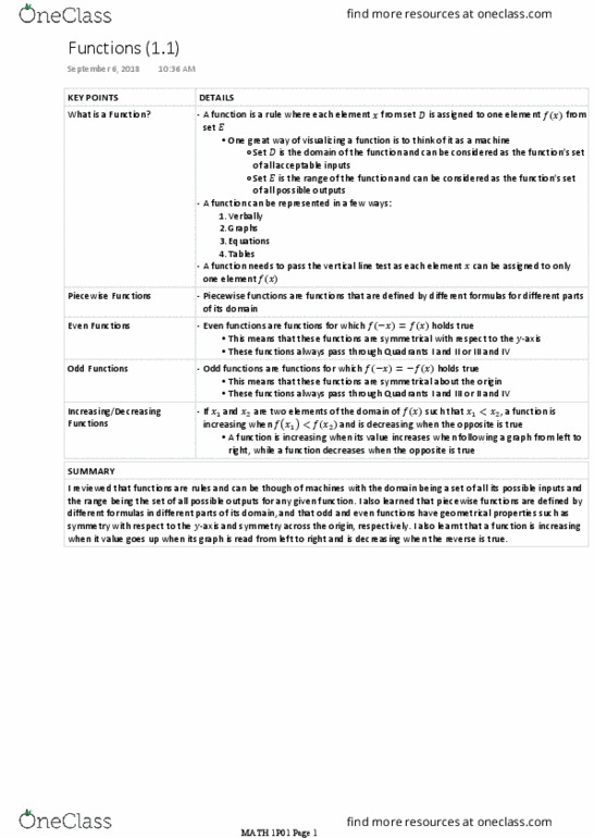 MATH 1P01 Lecture Notes - Lecture 2: Piecewise, Even And Odd Functions, Radian thumbnail