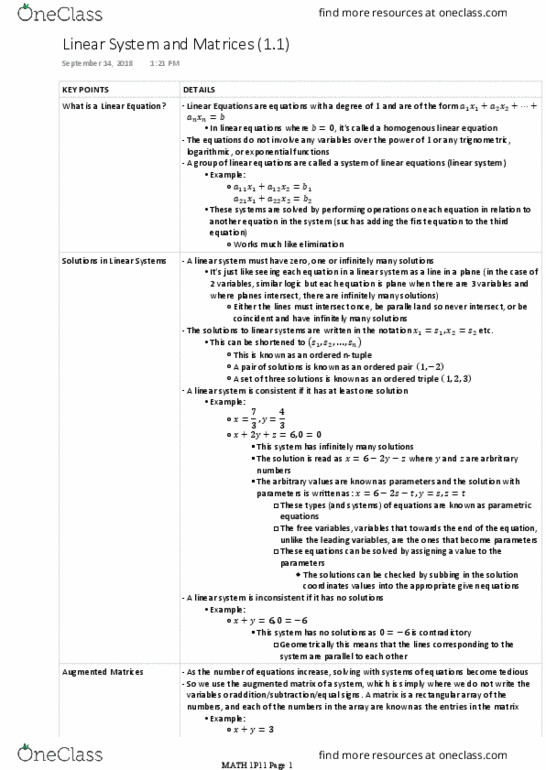 MATH 1P11 Lecture Notes - Lecture 3: Augmented Matrix, Linear Equation, Main Diagonal thumbnail