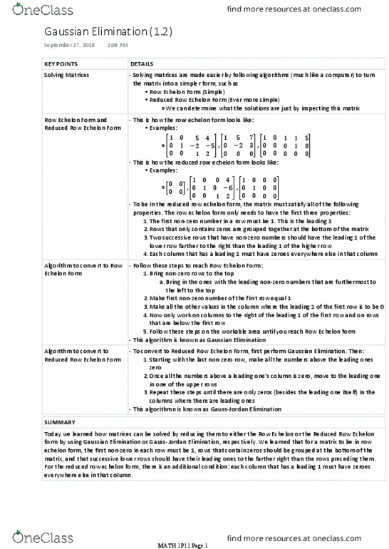 MATH 1P11 Lecture Notes - Lecture 4: Row Echelon Form, Gaussian Elimination thumbnail