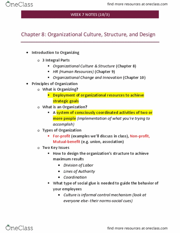MAN 3025 Lecture Notes - Lecture 7: Organizational Structure, Organizational Culture, Yogurt thumbnail