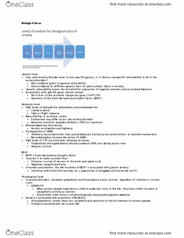 PSY 422 Lecture Notes - Lecture 4: Anxiety Disorder, Neurotrophic Factors, Brain-Derived Neurotrophic Factor thumbnail