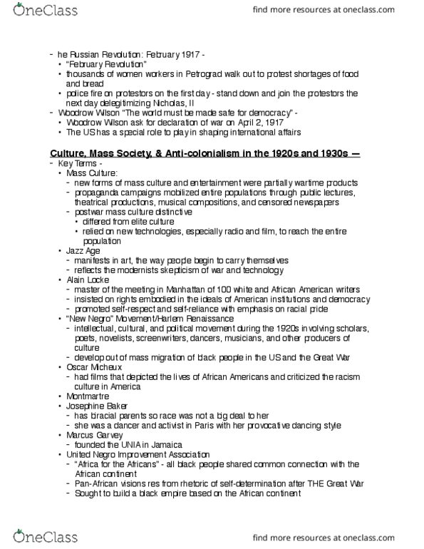 HIST 1020 Lecture Notes - Lecture 14: Universal Negro Improvement Association And African Communities League, Josephine Baker, Alain Leroy Locke thumbnail