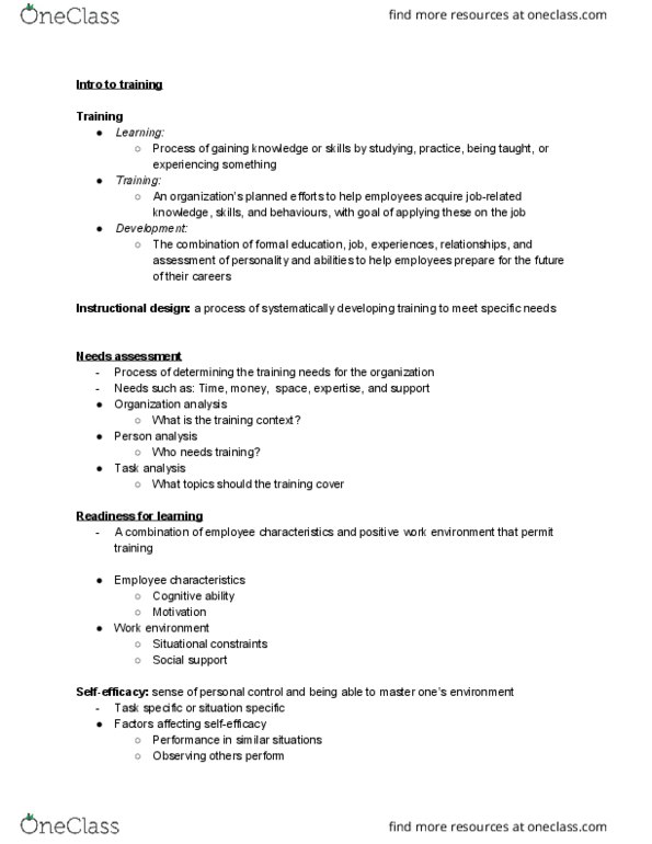 Management and Organizational Studies 1021A/B Lecture Notes - Lecture 4: Instructional Design, Task Analysis, Needs Assessment thumbnail