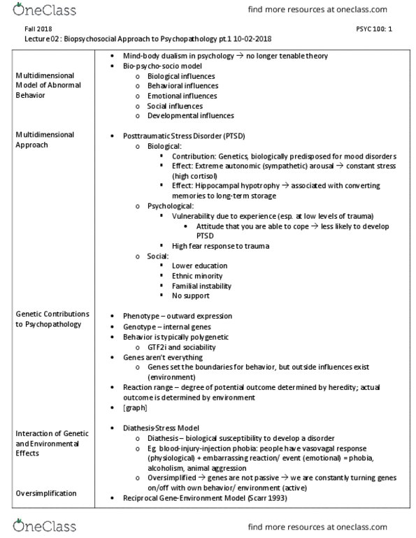 PSYC 100 Lecture Notes - Lecture 2: Posttraumatic Stress Disorder, Gtf2I, Reflex Syncope thumbnail