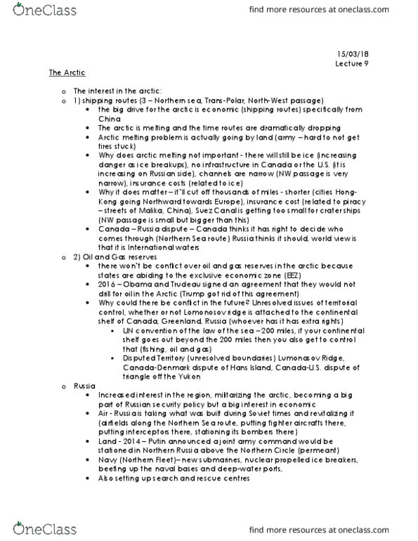 PSCI 3607 Lecture Notes - Lecture 9: Exclusive Economic Zone, Northern Sea Route, Arctic Circle thumbnail