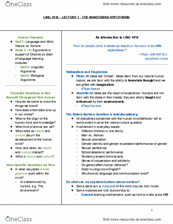 LING 1010 Lecture Notes - Lecture 1: Sexual Orientation, Gender Identity, Noam Chomsky cover image