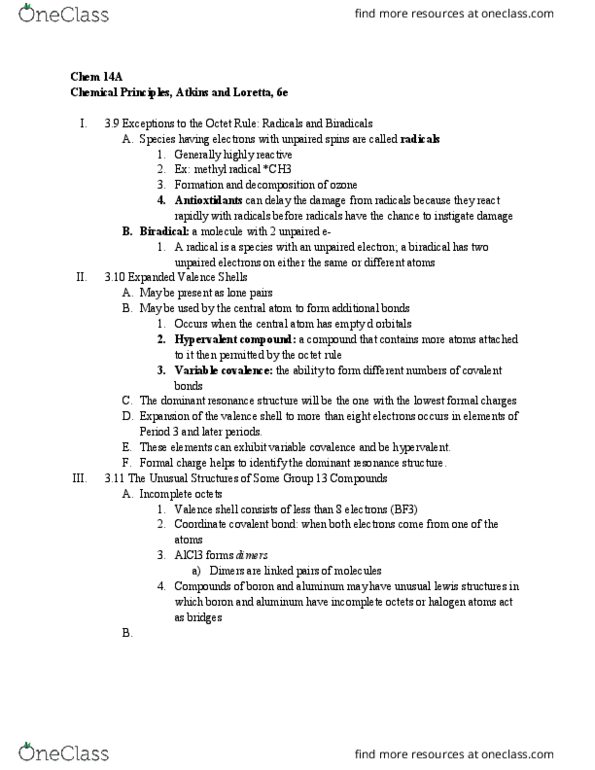 CHEM 14A Chapter Notes - Chapter 3.9-3.11: Coordinate Covalent Bond, Unpaired Electron, Hypervalent Molecule thumbnail