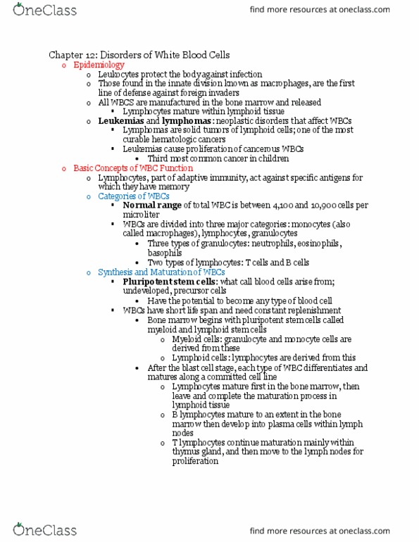 NUR230 Chapter Notes - Chapter 12: Bone Marrow, Lymph Node, T Cell thumbnail