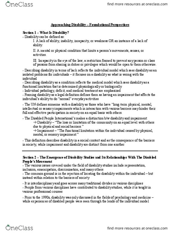 Disability Studies 1010A/B Chapter Notes - Chapter 2: Disability Studies, Ableism, Sick Role thumbnail