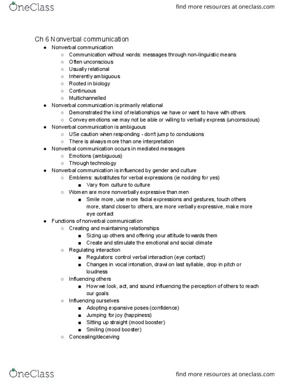 COMM 218 Chapter Notes - Chapter Ch 6: Nonverbal Communication, Paralanguage thumbnail