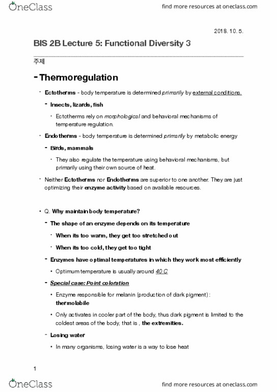 BIS 2B Lecture Notes - Lecture 7: Point Coloration, Thermoregulation, Melanin thumbnail