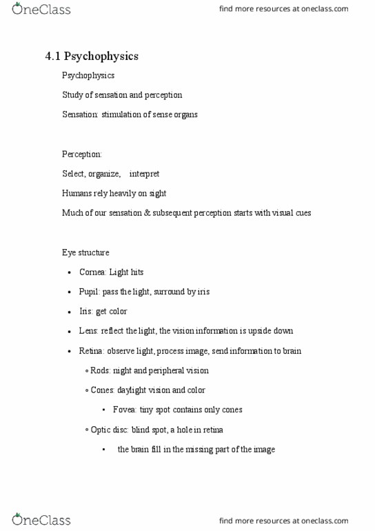 PSY 205 Chapter Notes - Chapter 4: Optic Disc, Peripheral Vision, Visual Perception thumbnail