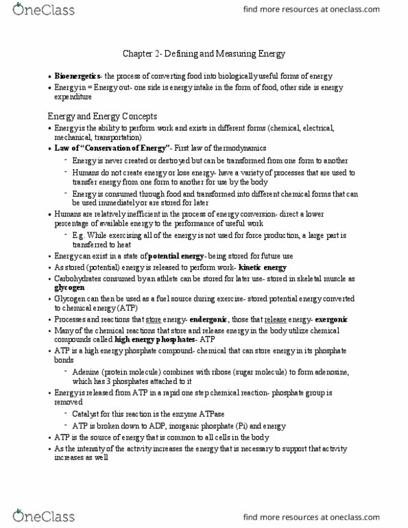 Kinesiology 3339A/B Chapter Notes - Chapter 2: Skeletal Muscle, Glycogen, Endergonic Reaction thumbnail