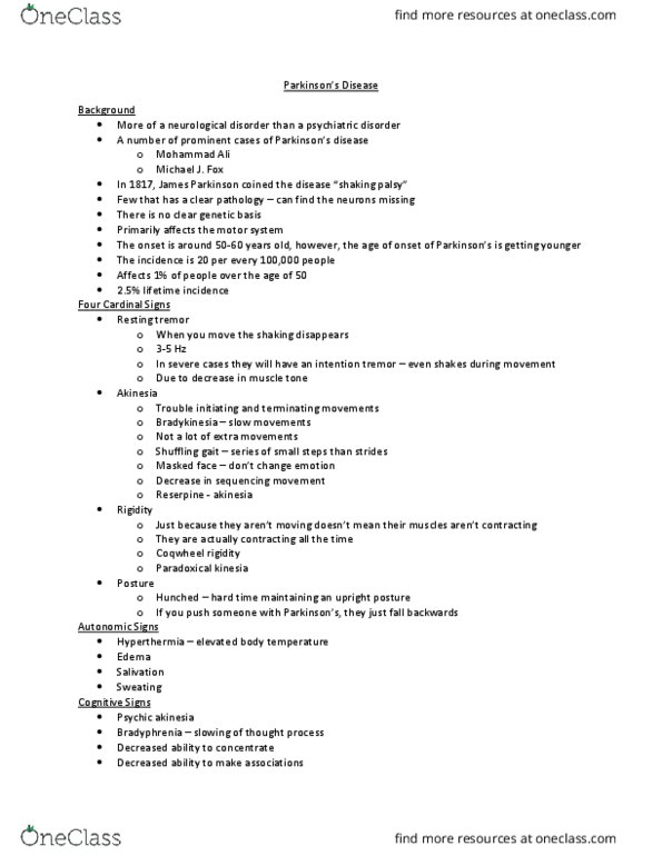 NROSCI 1030 Lecture Notes - Lecture 11: Hypokinesia, Intention Tremor, Mental Disorder thumbnail