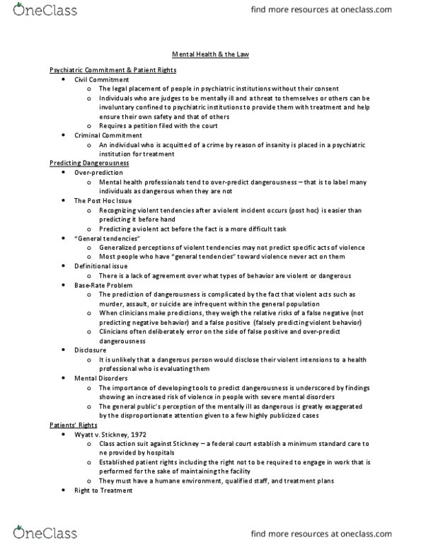 PSY 1205 Lecture Notes - Lecture 1: Psychiatric Hospital, Involuntary Commitment, Health Professional thumbnail