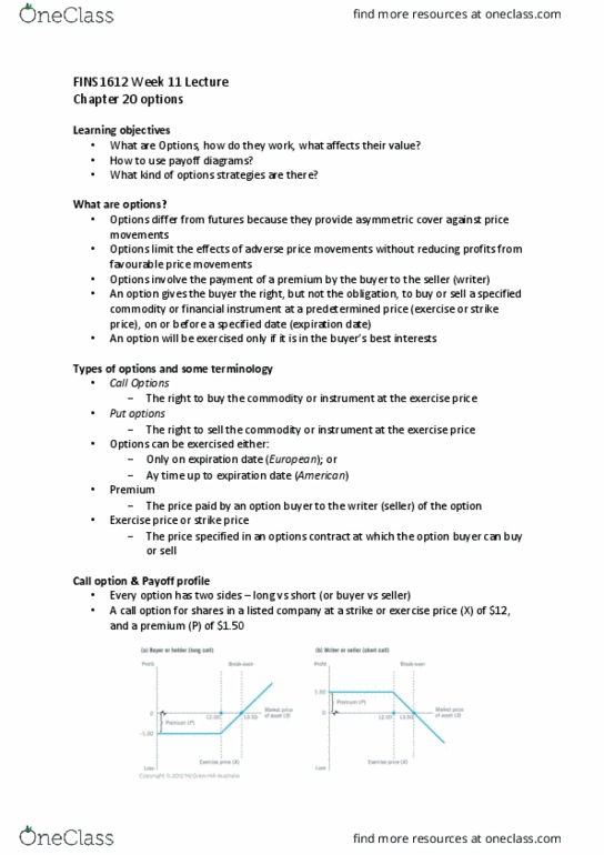FINS1612 Lecture Notes - Lecture 11: Call Option, Put Option, Financial Instrument thumbnail