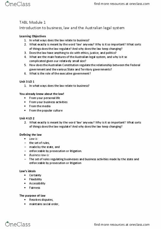 TABL1710 Lecture Notes - Lecture 1: Constitution Of Australia, Corporate Law, Retributive Justice thumbnail