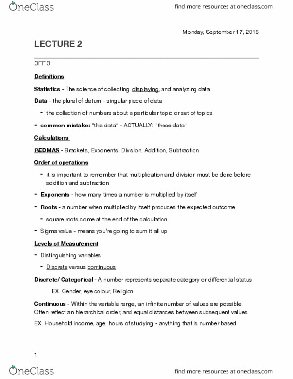 SOCIOL 3FF3 Lecture Notes - Lecture 2: Frequency Distribution, Interval Ratio, Pie Chart thumbnail