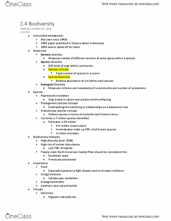 ES 100 Lecture Notes - Lecture 10: Biodiversity Hotspot, Taxus Canadensis, Tamoxifen thumbnail