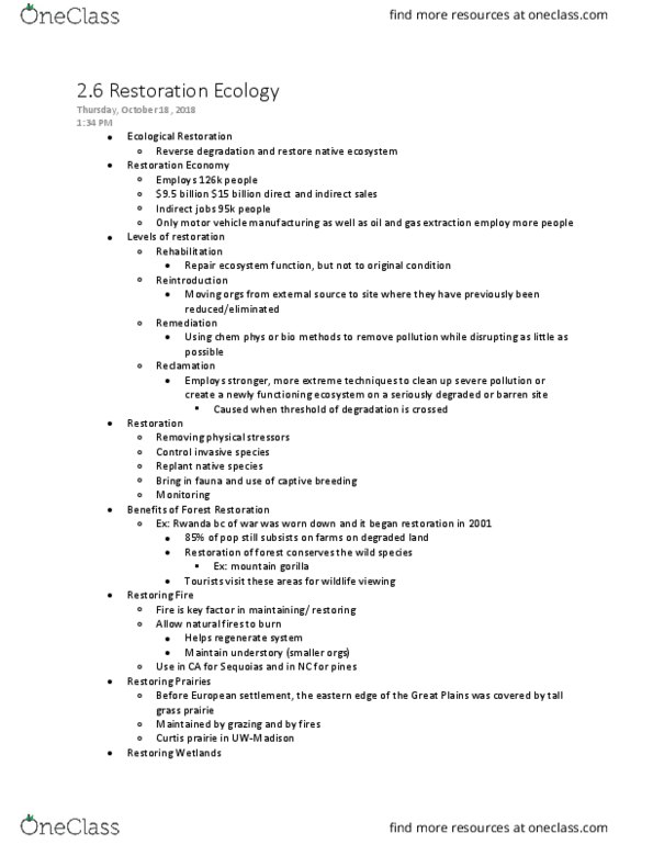 ES 100 Lecture Notes - Lecture 12: Tallgrass Prairie, Restoration Ecology, Understory thumbnail