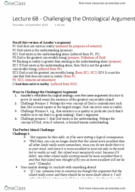 PHIL1003 Lecture 6: Lecture 6B - Challenging the Ontological Argument thumbnail