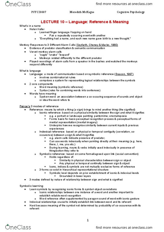 PSYC20007 Lecture Notes - Lecture 10: Helen Keller, Spoken Word, Onomatopoeia thumbnail