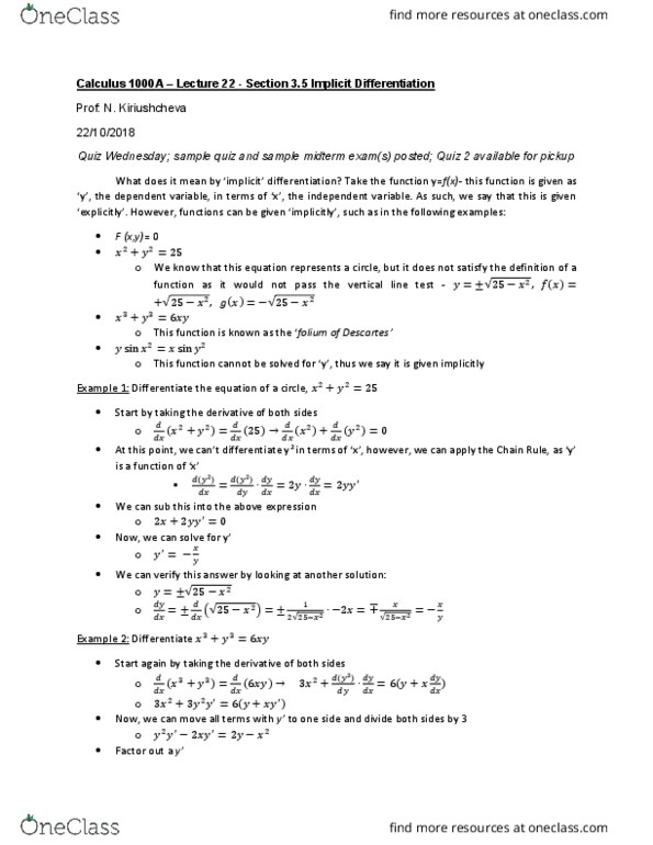 Calculus 1000A/B Lecture 22: Calculus 1000 A -Lecture 21- Section 3.5 Implicit Differentiation cover image