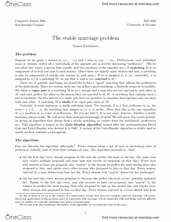 CSCB36H3 Lecture Notes - Lecture 1: Pseudocode, Stable Marriage Problem, Lloyd Shapley thumbnail