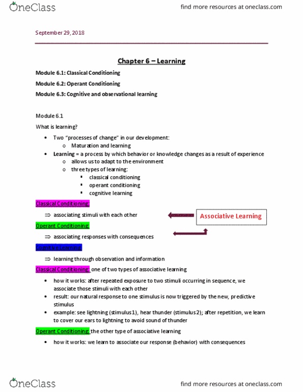 PSYC 1000 Lecture Notes - Lecture 6: Lightning, Classical Conditioning, Operant Conditioning thumbnail