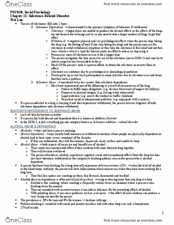 PSYB32H3 Chapter Notes - Chapter 12: Delirium Tremens, Substance Dependence, Alcohol Dependence thumbnail