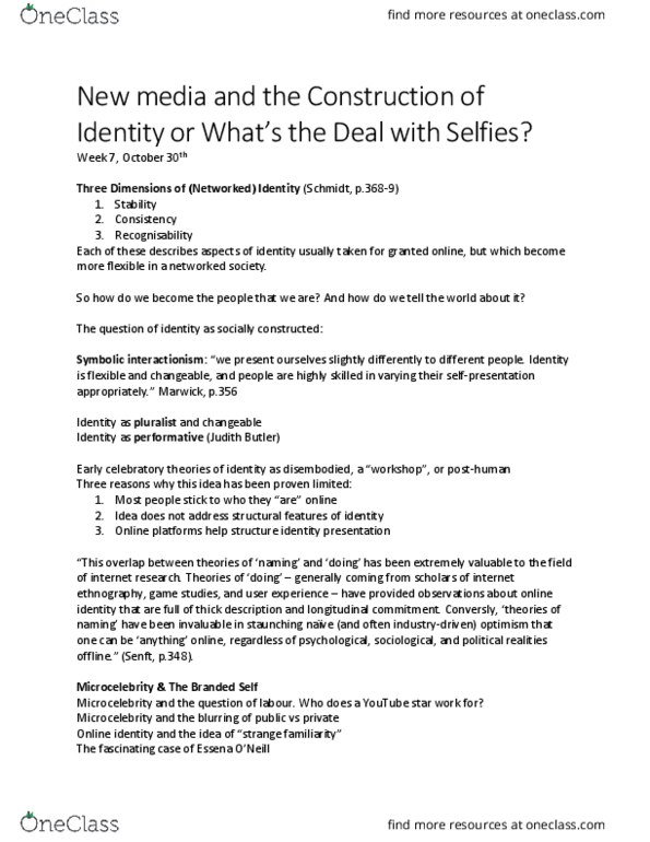 MDSB61H3 Lecture Notes - Lecture 7: Judith Butler, Online Identity, Game Studies thumbnail